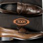 TOD'S SHOES $645 BROWN ANTIQUE VARNISHED LOGO EMBOSSED PENNY LOAFER 10 43e NEW
