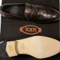 TOD'S SHOES $645 BROWN ANTIQUE VARNISHED LOGO EMBOSSED PENNY LOAFER 10 43e NEW