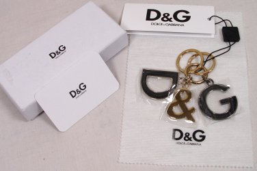DOLCE & GABBANA KEYCHAIN $145 SILVER & BLACK LEATHER LOGO LETTER KEYCHAIN NEW