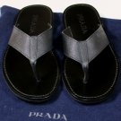 PRADA SHOES $475 BLACK LOGO EMBOSS SAFFIANO LEATHER THONG SANDALS 8 41e NEW