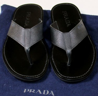 PRADA SHOES $475 BLACK LOGO EMBOSS SAFFIANO LEATHER THONG SANDALS 8 41e NEW