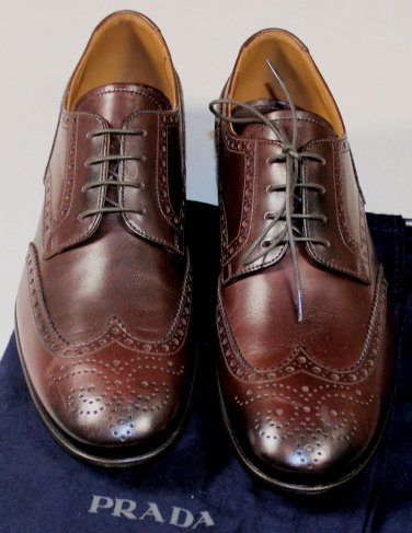 PRADA SHOES $850 DK BROWN BURNISHED TOE WING TIP TOE ORNAMENTED BROGUE 9 42e NEW