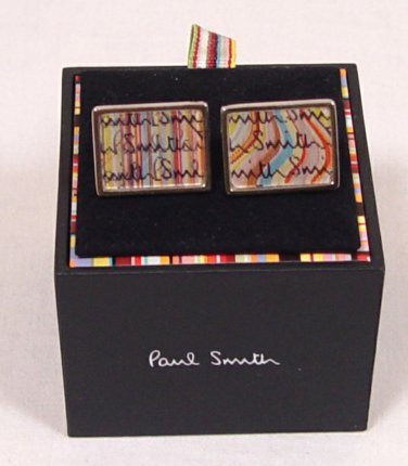 PAUL SMITH CUFF LINKS $195 LOGO COLOR STRIPED PALLADIUM HOLOGRAM CUFF LINKS NEW