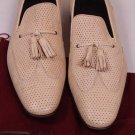 LIDFORT SHOES $790 BEIGE PERFORATED TASSELED VAMP HANDMADE LOAFERS 11 44e NEW