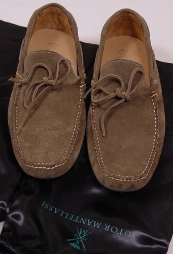 SUTOR MANTELLASSI SHOES $545 KHAKI SUEDE TIED VAMP PEBBLED SOLE DRIVERS 8 41 NEW