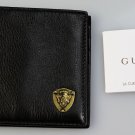 GUCCI WALLET $365 BLACK GRAINED CALFSKIN LOGO CREST ORNAMENTED BILL FOLD NEW