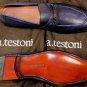 A. TESTONI SHOES $795 NAVY LOGO ORNAMENTED VAMP HANDMADE LOAFER 10.5 43.5 NEW