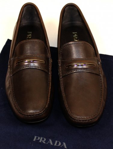 PRADA SHOES $595 DARK BROWN LOGO STRIPE ORNAMENTED VAMP DRIVERS 10D 43e NEW