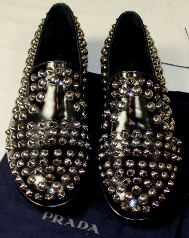 PRADA SHOES $1195 BLACK SPAZZOLATO STUD SPIKE ORNAMENTED LOAFER 10 43e NEW