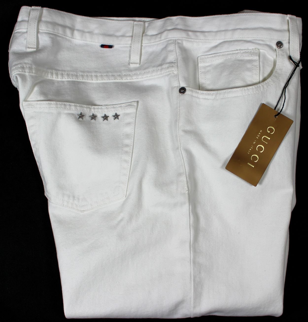 GUCCI JEANS $595 WHITE 4-STAR ORNAMENTED LOGO STRIPE FIT LEG DENIM 38/ ...