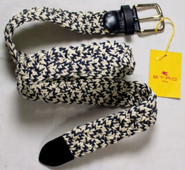 ETRO BELT $320 NAVY/WHITE SPEC WOVEN LOGO EMBOSSED BUCKLE BELT 36 90cm NEW