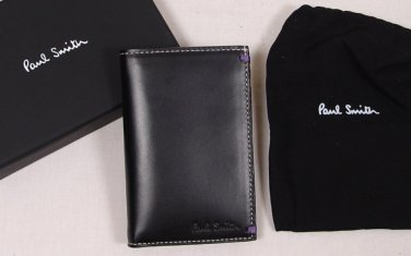 PAUL SMITH WALLET $265 BLACK LOGO KEEPSAKE COLLAGE SLIM LEATHER BILL FOLD NEW