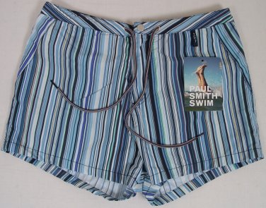 PAUL SMITH SWIM TRUNKS $165 BLUE LOGO STRIPED SWIMSUIT BEACHWEAR SMALL 48e NEW