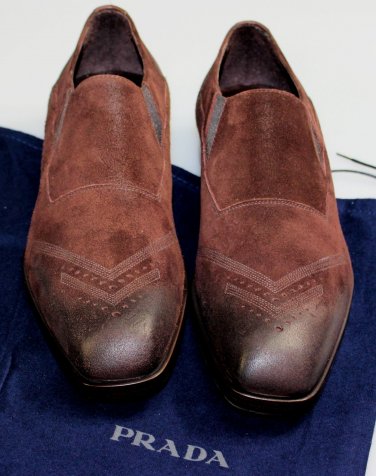 PRADA SHOES $850 DARK BROWN TOE ORNAMENTED OILED SUEDE LOAFERS 8.5 41.5 NEW