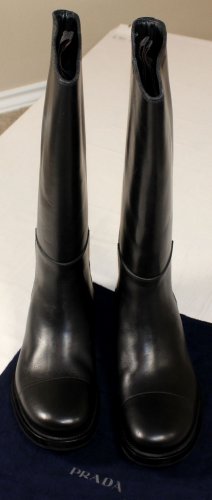 PRADA SHOES $1190 BLACK CAP TOE STACKED HEEL PULL UP RIDING BOOTS 7.5 40.5e NEW