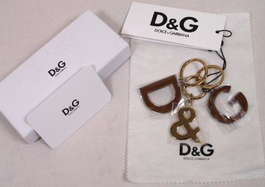 DOLCE & GABBANA KEYCHAIN $145 SILVER & BROWN LEATHER LOGO LETTER KEYCHAIN NEW