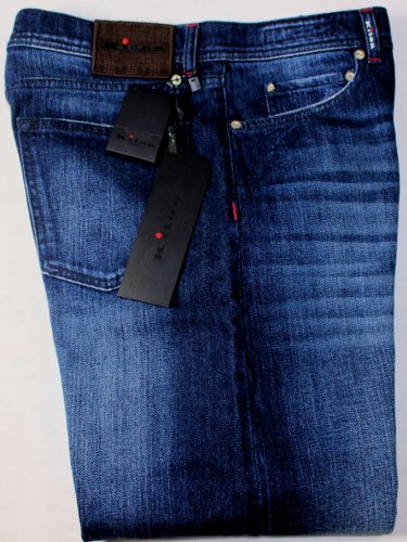 KITON JEANS $995 DARK WASH FRONT WHISKERED LOGO EMBROIDERED DENIM 34/34 50e NEW