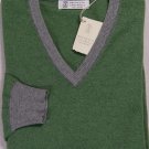 BRUNELLO CUCINELLI SWEATER GREEN/GRAY 100%CASHMERE V-NECK JUMPER XL  54e NEW