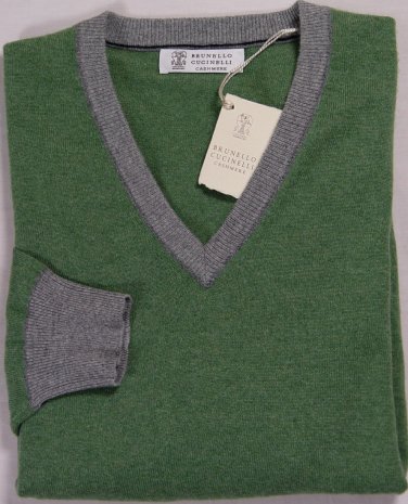 BRUNELLO CUCINELLI SWEATER GREEN/GRAY 100%CASHMERE V-NECK JUMPER XL  54e NEW
