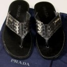 PRADA SHOES $495 BLACK WOVEN LEATHER LOGO ORNAMENTED SANDAL 7.5 40.5e NEW