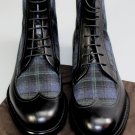 GUCCI SHOES $895 BLACK LEATHER BLUE TARTAN WOOL PANEL WINGTIP BOOT 9.5 42.5 NEW