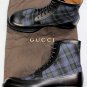 GUCCI SHOES $895 BLACK LEATHER BLUE TARTAN WOOL PANEL WINGTIP BOOT 9.5 42.5 NEW