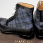 GUCCI SHOES $895 BLACK LEATHER BLUE TARTAN WOOL PANEL WINGTIP BOOT 9.5 42.5 NEW