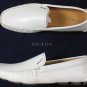 PRADA SHOES $640 WHITE SAFFIANO LEATHER LOGO ORNAMENTED VAMP DRIVER 9 42e NEW