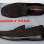 PRADA SPORT SHOES $595 DARK BROWN SUEDE LOGO EMBOSSED PENNY CALF 8 41e NEW