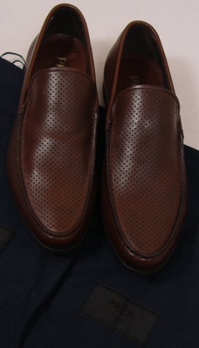 PRADA SHOES $565 DARK BROWN LOGO EMBOSSED VAMP PERFORATED LOAFERS 7D 40e NEW