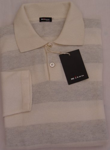 KITON SWEATER $1095 IVORY/ASH BOLD STRIPE 2-BTN CASHMERE/COTTON POLO MED 50e NEW