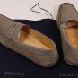 PRADA SHOES $595 GRAY LOGO ORNAMENTED CONTRAST STITCH PENNY DRIVER 9.5 42.5e NEW