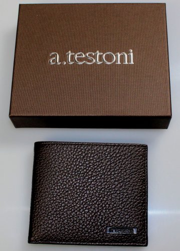 A.TESTONI WALLET $420 DARK BROWN GRAINED REINDEER SKIN LOGO 8-CC BILL FOLD NEW