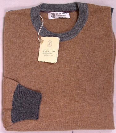 BRUNELLO CUCINELLI SWEATER MALT/GREY 100%CASHMERE CREWNECK JUMPER SM 48e NEW
