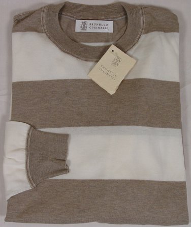 BRUNELLO CUCINELLI SWEATER $595 BROWN/ WHITE 100%COTTON CREWNECK JUMPER L 52 NEW