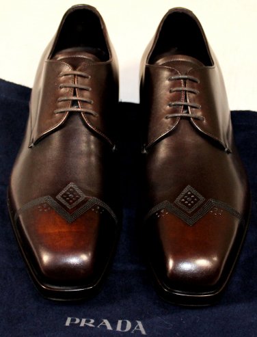 PRADA SHOES $990 DARK BROWN TOE EMBROIDER STITCH ORNAMENTED DERBY 9.5 42.5 NEW