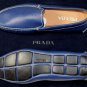 PRADA SHOES $640 BLUE SAFFIANO LEATHER LOGO ORNAMENTED VAMP DRIVER 7 4e NEW
