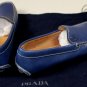PRADA SHOES $640 BLUE SAFFIANO LEATHER LOGO ORNAMENTED VAMP DRIVER 7 4e NEW