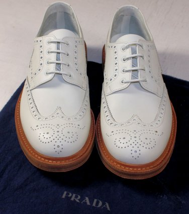 PRADA SHOES $850 IVORY CALF TOE ORNAMENT WINGTIP TRIPLE SOLE BROGUE 10 43e NEW