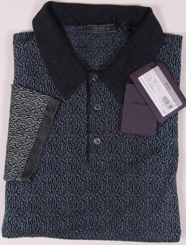 PRADA POLO $865 BLACK/BLUE FADE DESIGN 3-BTN 100%WOOL COUTURE POLO XXL 56e NEW