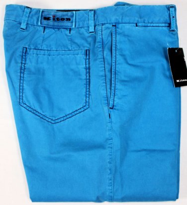 KITON PANTS $795 AQUA BLUE LOGO EMBROIDERED HANDMADE CONTRAST CHINO 35 50e NEW