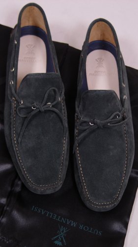SUTOR MANTELLASSI SHOES $545 SMOKE BLUE PEBBLE SOLE HANDMADE DRIVER 11 44e NEW