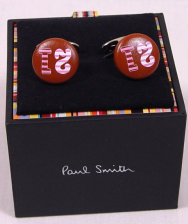 PAUL SMITH CUFF LINKS $180 BROWN/PINK CERAMIC CANDY STRIPED  21 LOGO LINKS NEW