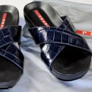 PRADA SHOES $495 BLUE CROC EMBOSSED CROSS STRAP LOGO ORNAMENTED SANDAL 9 42e NEW