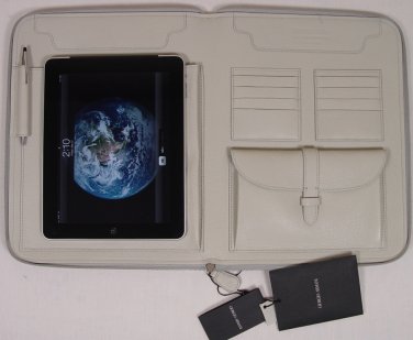 GIORGIO ARMANI TABLET CASE $1080 IVORY LOGO iPAD LEATHER PORTFOLIO SAFE CASE NEW
