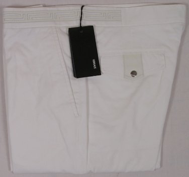 VERSACE PANTS $585 WHITE LEATHER GREEK KEY WAIST COUTURE LOGO SLACKS 40 56e NEW