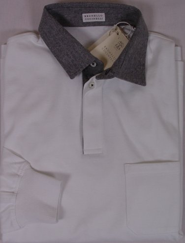 BRUNELLO CUCINELLI POLO $595 WHITE/GRAY 100%COTTON 4-BTN RUGBY/POLO L 52e NEW