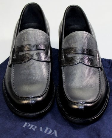 PRADA SHOES $890 BLACK/GRAY 2-TONE SAFFIANO LEATHER PENNY LOAFER 11.5 44.5 NEW
