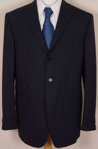ETRO SUIT $2195 NAVY PINSTRIPE 3-BTN 100% SIGNATURE ACCENTED SUIT 44R 54e NEW