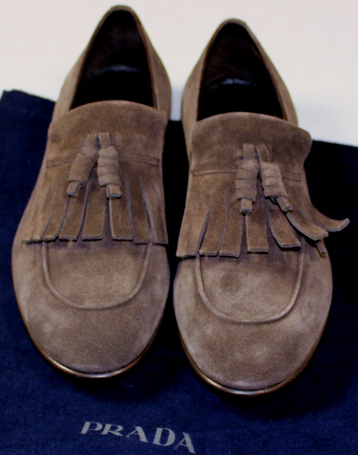 PRADA SHOES 690 BROWN SUEDE CALFSKIN KILTED TASSEL VAMP LOAFERS 9.5 42